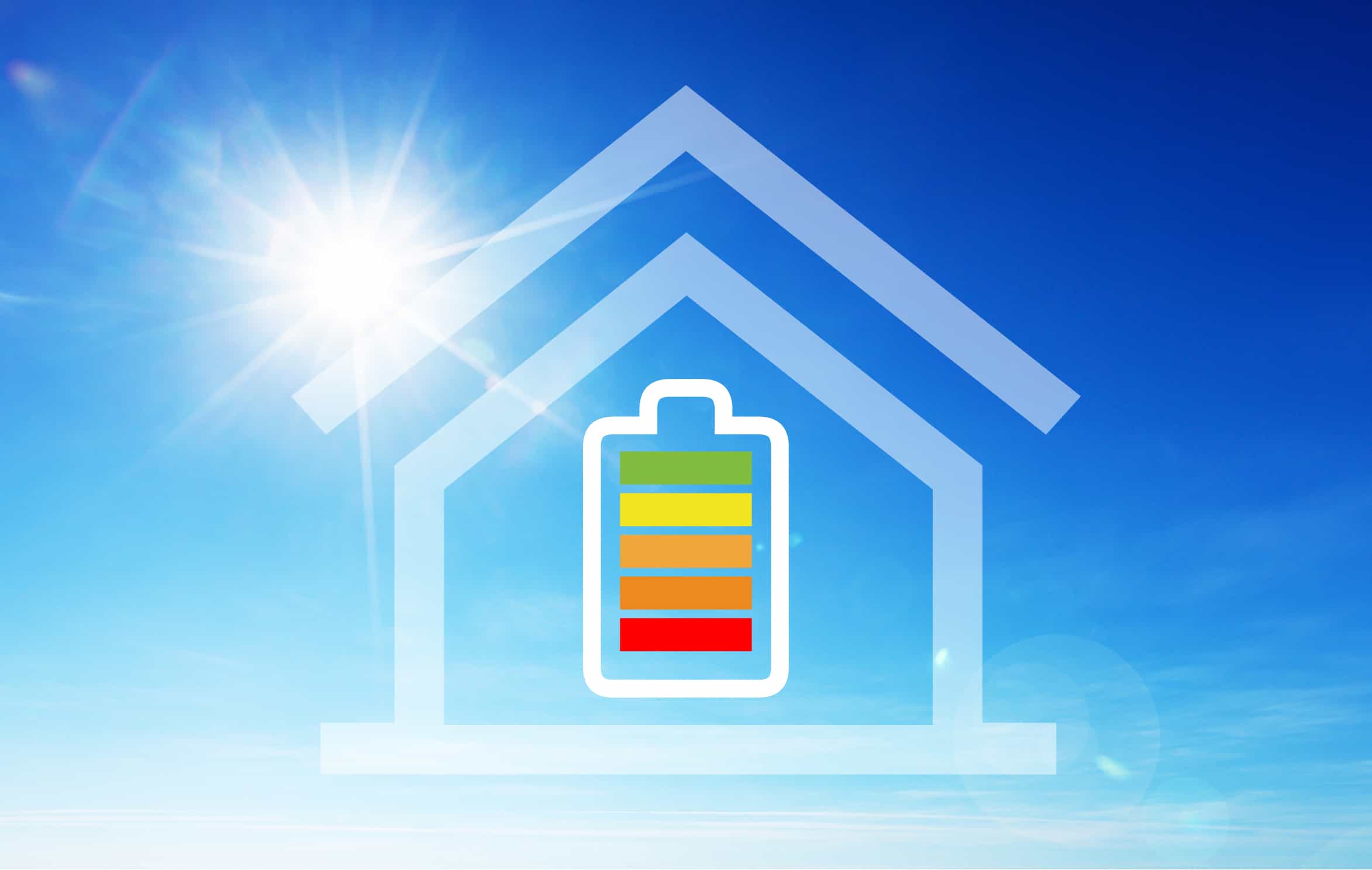 House icon with a colorful battery symbol under a bright sun in a clear blue sky, representing solar energy by Castaways Energy.