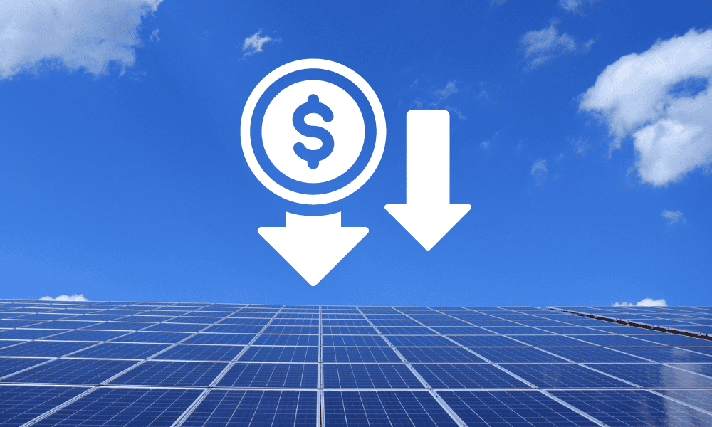 Photo showing arrows portraying saving money with solar sky in background and solar panels under the arrows