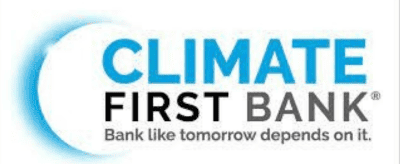 Climate First Bank logo with the tagline "Bank like tomorrow depends on it.".