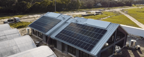 Commercial solar array on the rooftop of a large building