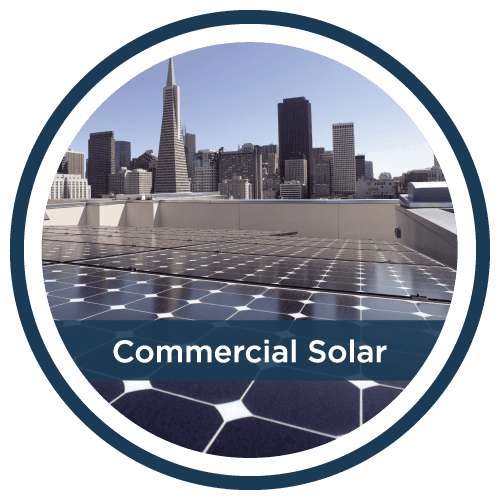 Commercial rooftop solar panels with a city skyline in the background, installed by Castaways Energy, highlighting urban renewable energy solutions.