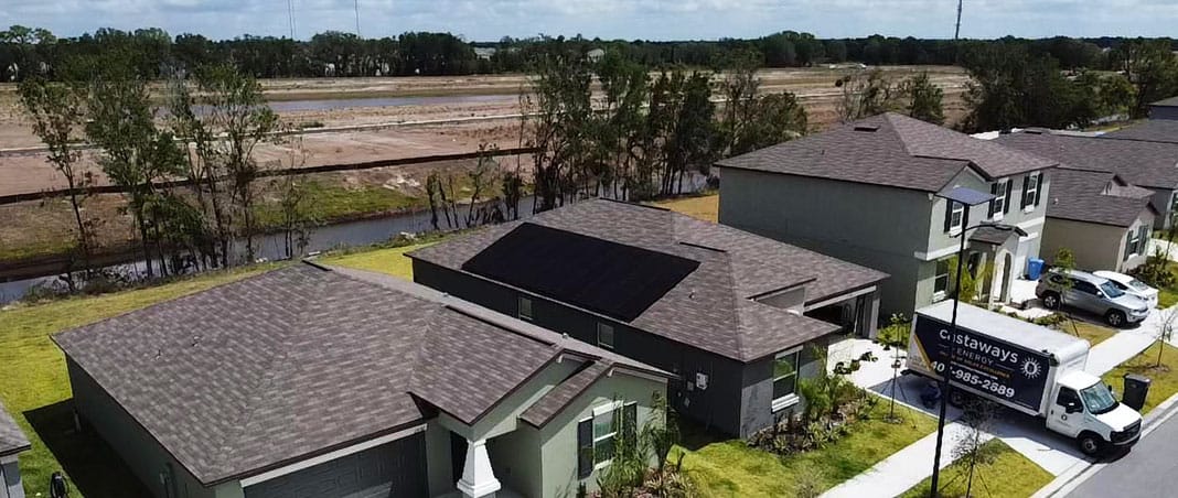 Aerial view of a solar array on a home.