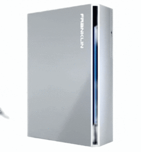 FranklinWH home battery unit with sleek gray design and illuminated energy indicator, providing reliable whole-home backup power. Franklin Home Power battery system for home energy storage by Castaways Energy.