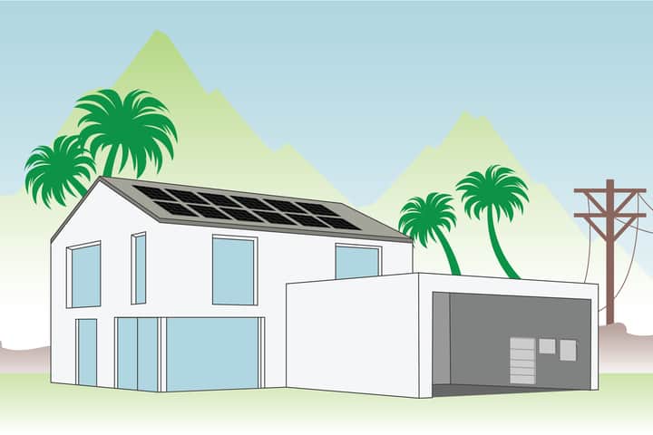 Illustration of a modern home with rooftop solar panels by Castaways Energy, highlighting sustainable energy solutions.