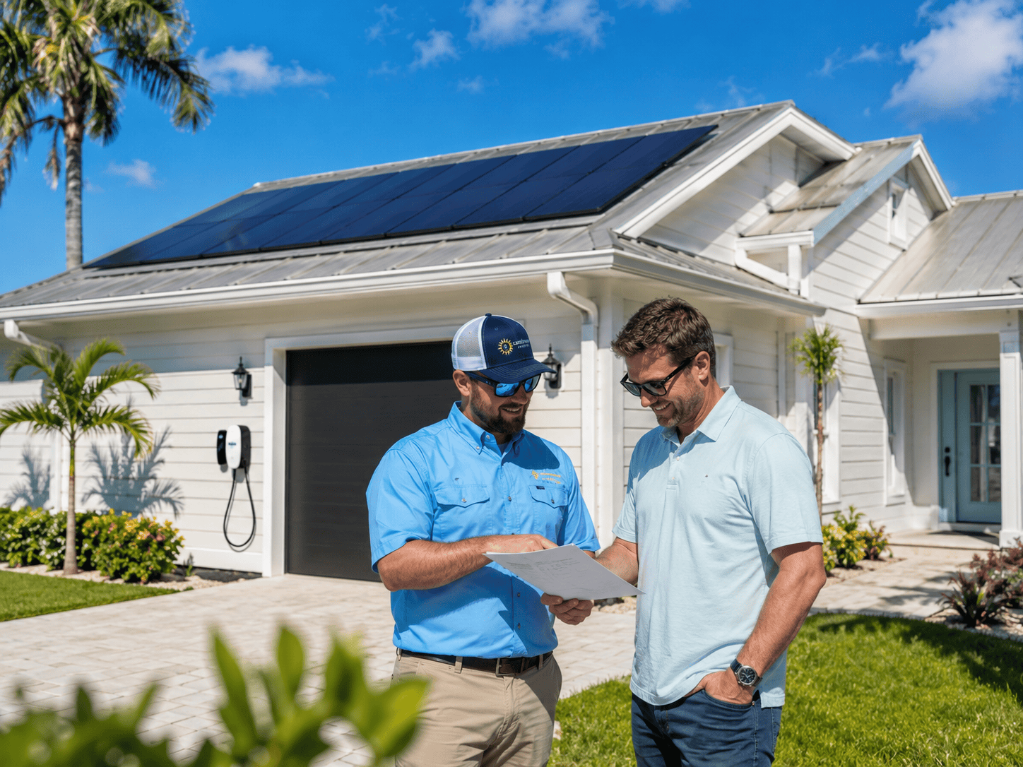 Castaways Energy consultant reviews home upgrade plans with a Florida homeowner outside a solar-powered home with a new roof and EV charger.