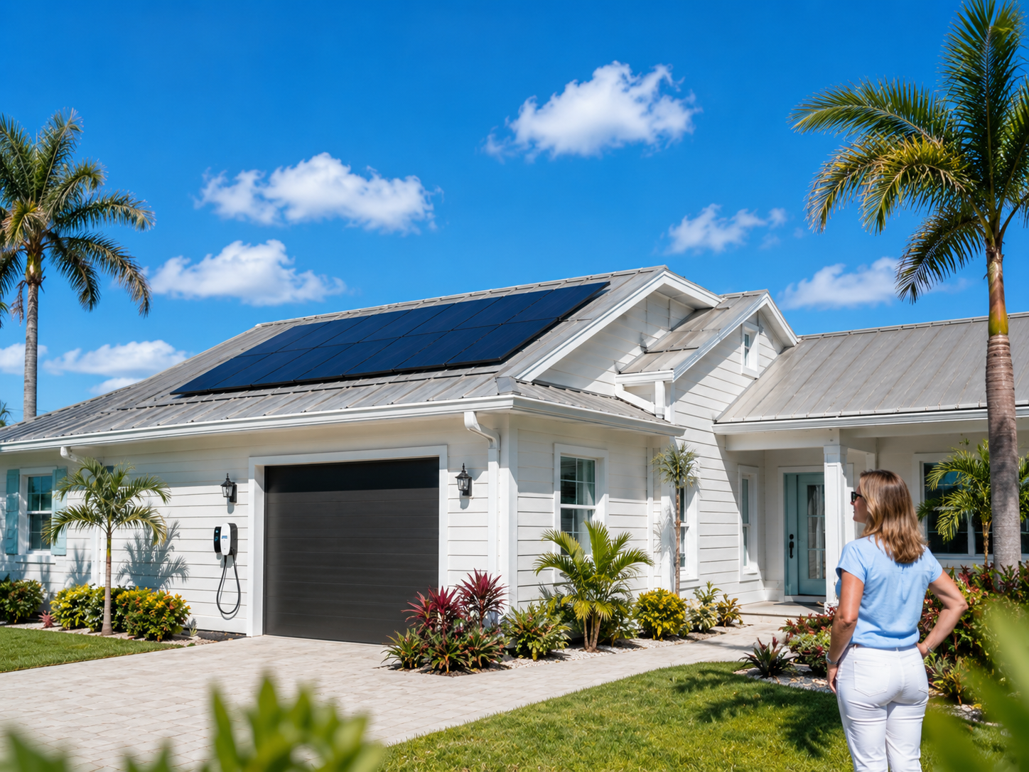Florida homeowner views an upgraded coastal home featuring rooftop solar panels, a durable metal roof, new siding, gutters, and tropical landscaping.