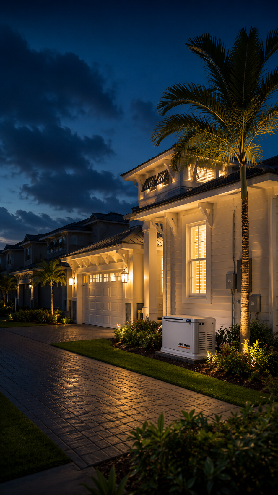 Generac home standby generator powering a brightly lit Florida home at night while neighboring houses remain dark during a storm-related blackout.