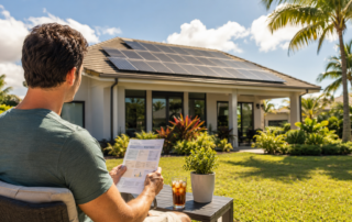 Homeowner reviewing an August energy bill outside a Florida home with rooftop solar panels