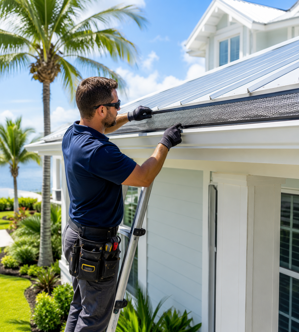 Contractor installing a gutter guard on a Florida home with white exterior siding, metal roofing, and tropical landscaping.