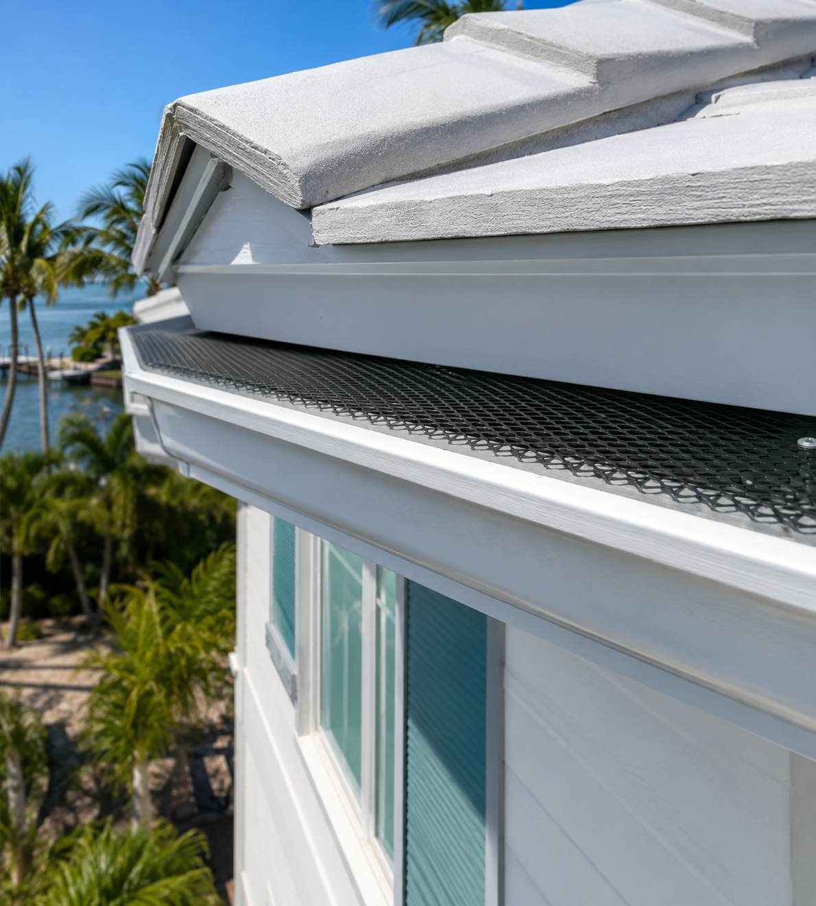 Close-up of a mesh critter guard installed along the gutter edge of a Florida coastal home to help block pests and debris.