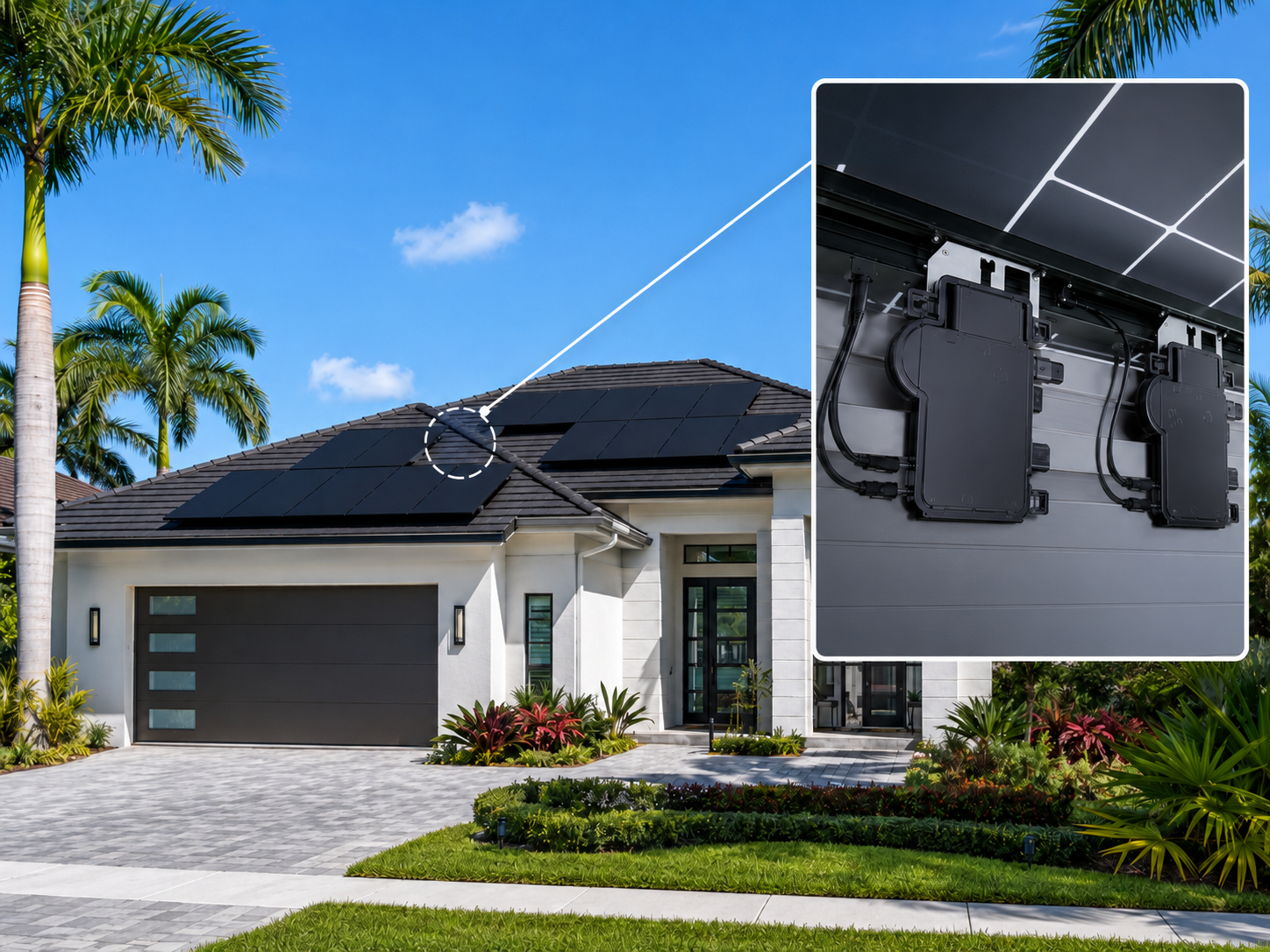 Enphase IQ8X Microinverters | Castaways Energy Modern Florida home with rooftop solar panels, palm trees, and tropical landscaping, featuring a magnified inset that shows Enphase IQ8X microinverters, wiring, and mounting hardware installed beneath the solar panels.