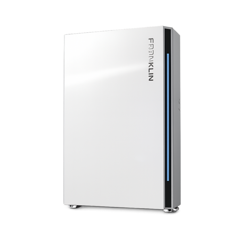 FranklinWH Battery Storage in Central Florida | Castaways Energy White FranklinWH aPower 2 home battery with a slim rectangular design, vertical Franklin branding, black side panel, blue LED indicator, and metal mounting feet.