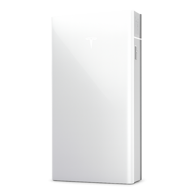 Tesla Powerwall Battery Storage in Central Florida | Castaways Energy White Tesla Powerwall 3 home battery shown from a three-quarter angle with a smooth rectangular enclosure, centered Tesla emblem, and visible side mounting hardware.