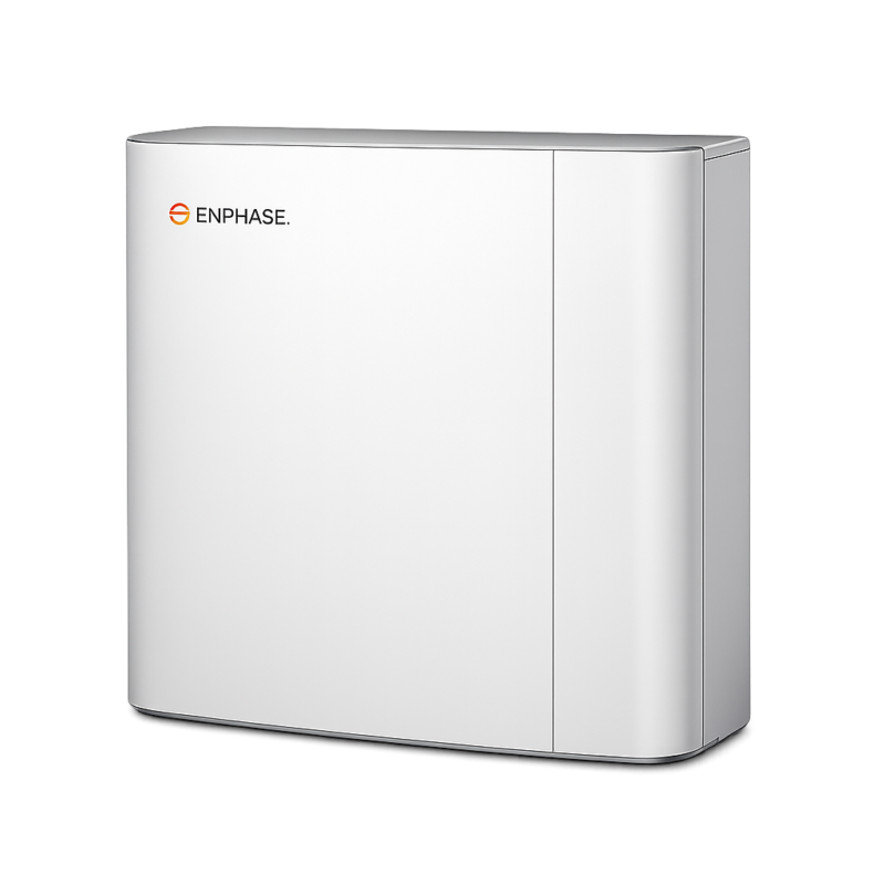 Enphase Battery Storage in Central Florida | Castaways Energy White Enphase IQ Battery 10C home energy storage unit shown from a three-quarter angle with rounded edges and the Enphase logo on the front.