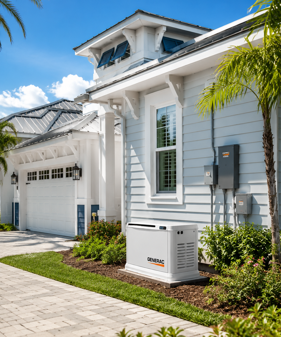 Generac home standby generator installed beside a modern Florida home with tropical landscaping, a paved driveway, and a bright blue sky.