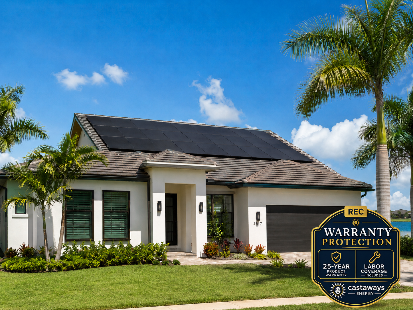 Modern Florida stucco home with sleek REC Alpha Pure-RX all-black solar panels installed across the tiled roof, surrounded by palm trees, tropical landscaping, and a bright blue sky. Modern Florida stucco home with sleek REC Alpha Pure-RX all-black solar panels installed across the tiled roof, surrounded by palm trees, tropical landscaping, and a bright blue sky.