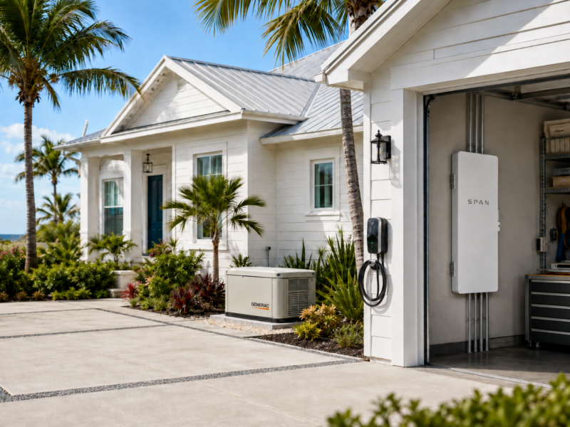 Florida home with a Generac standby generator, EV charger, and SPAN smart electrical panel installed in the garage.