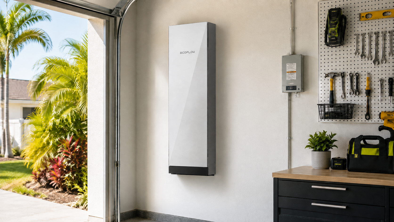 EcoFlow Smart Home Panel 2 installed by Castaways Energy inside a clean Florida home garage with tropical landscaping outside.