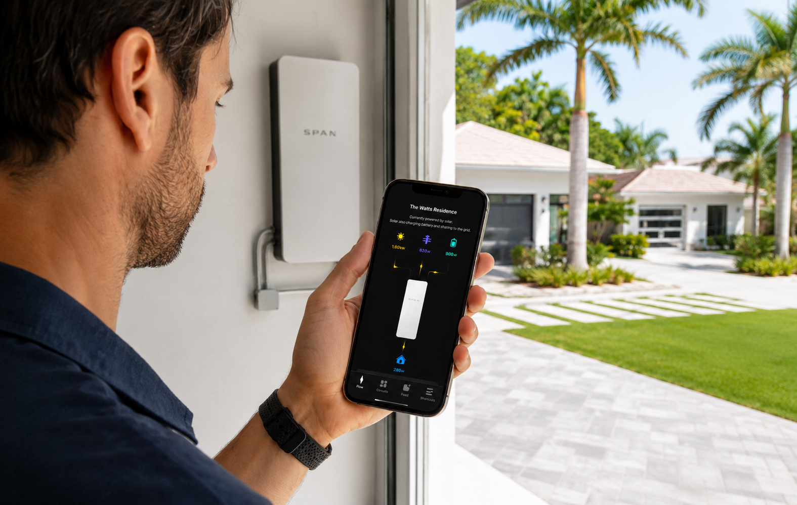 Florida homeowner using the SPAN Home App to monitor solar production, battery storage, and household energy use from a smart electrical panel.