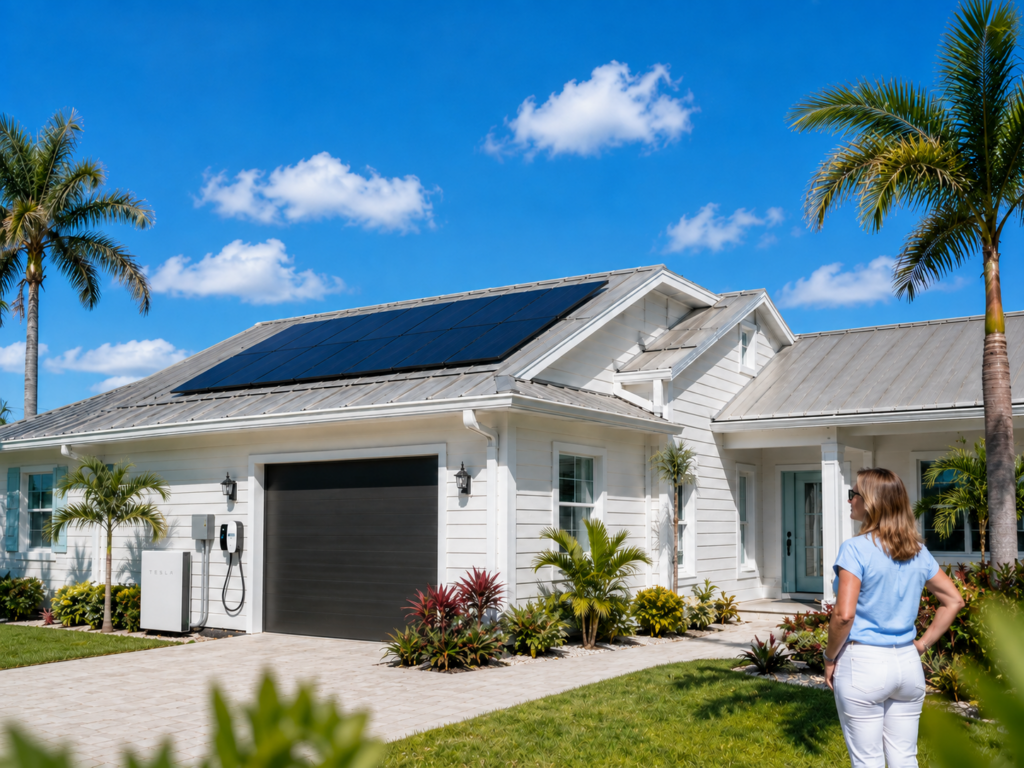 Florida homeowner views a coastal home upgraded with rooftop solar panels, a durable metal roof, new siding, gutters, EV charging, and home battery storage.