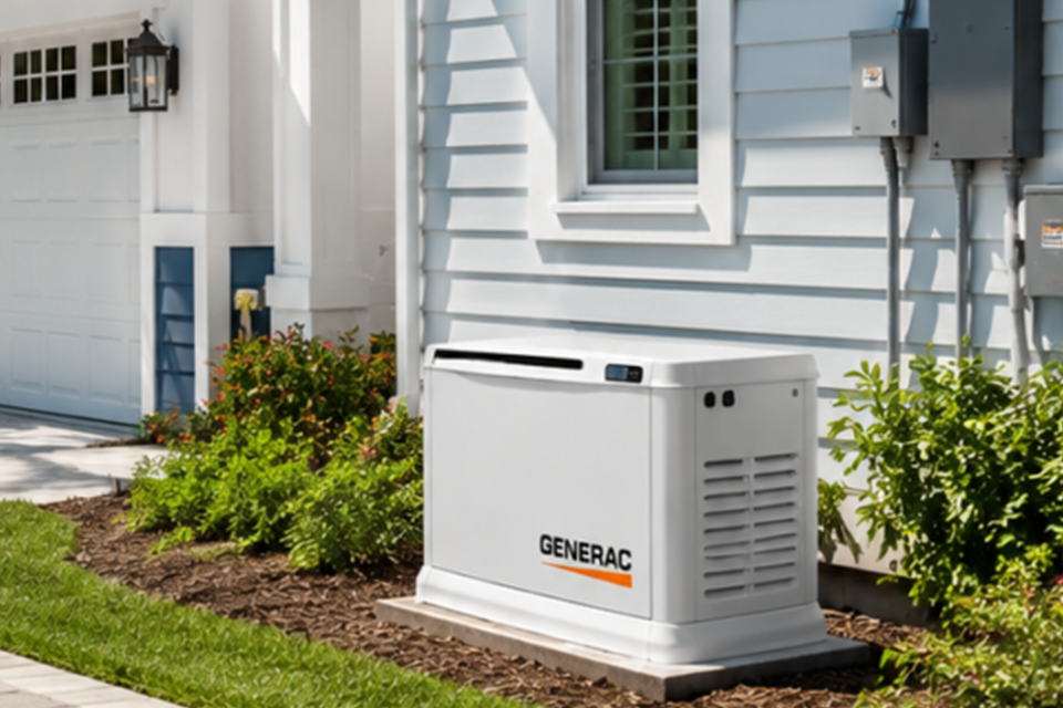 Generac whole-home standby generator installed outside a Florida home by Castaways Energy.