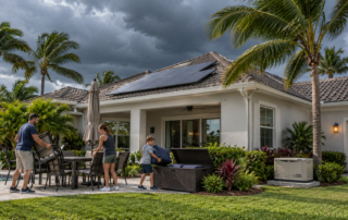 Central Florida home with rooftop solar panels and standby generator as family prepares outdoor furniture for hurricane season.