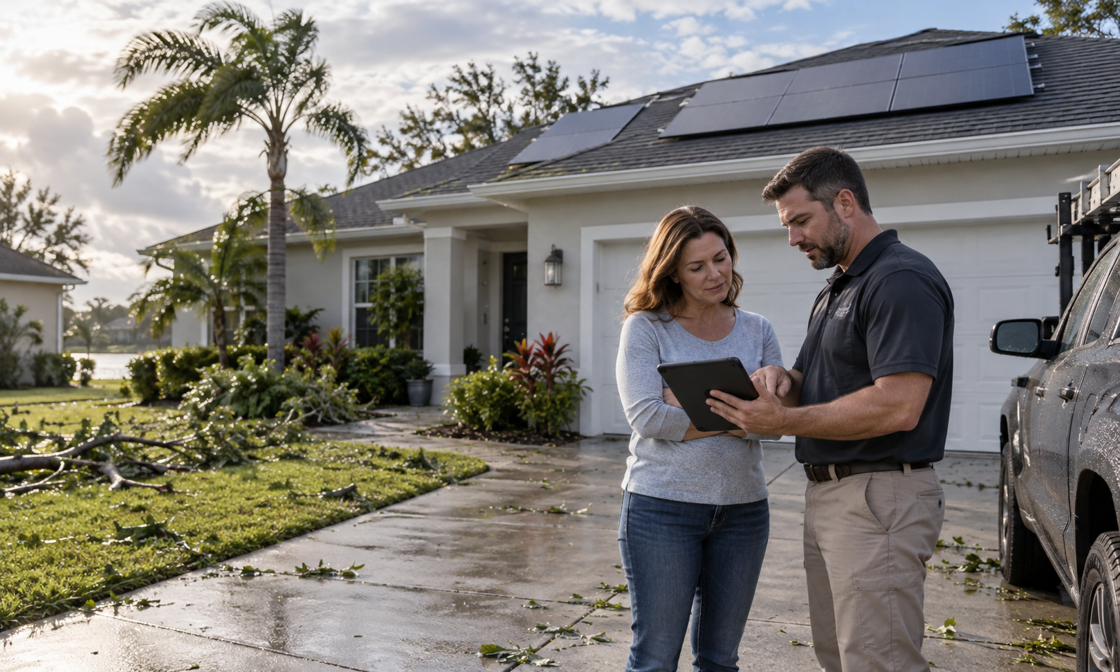 Homeowner reviewing post-storm roof and solar panel inspection findings with a professional outside a Central Florida home.
